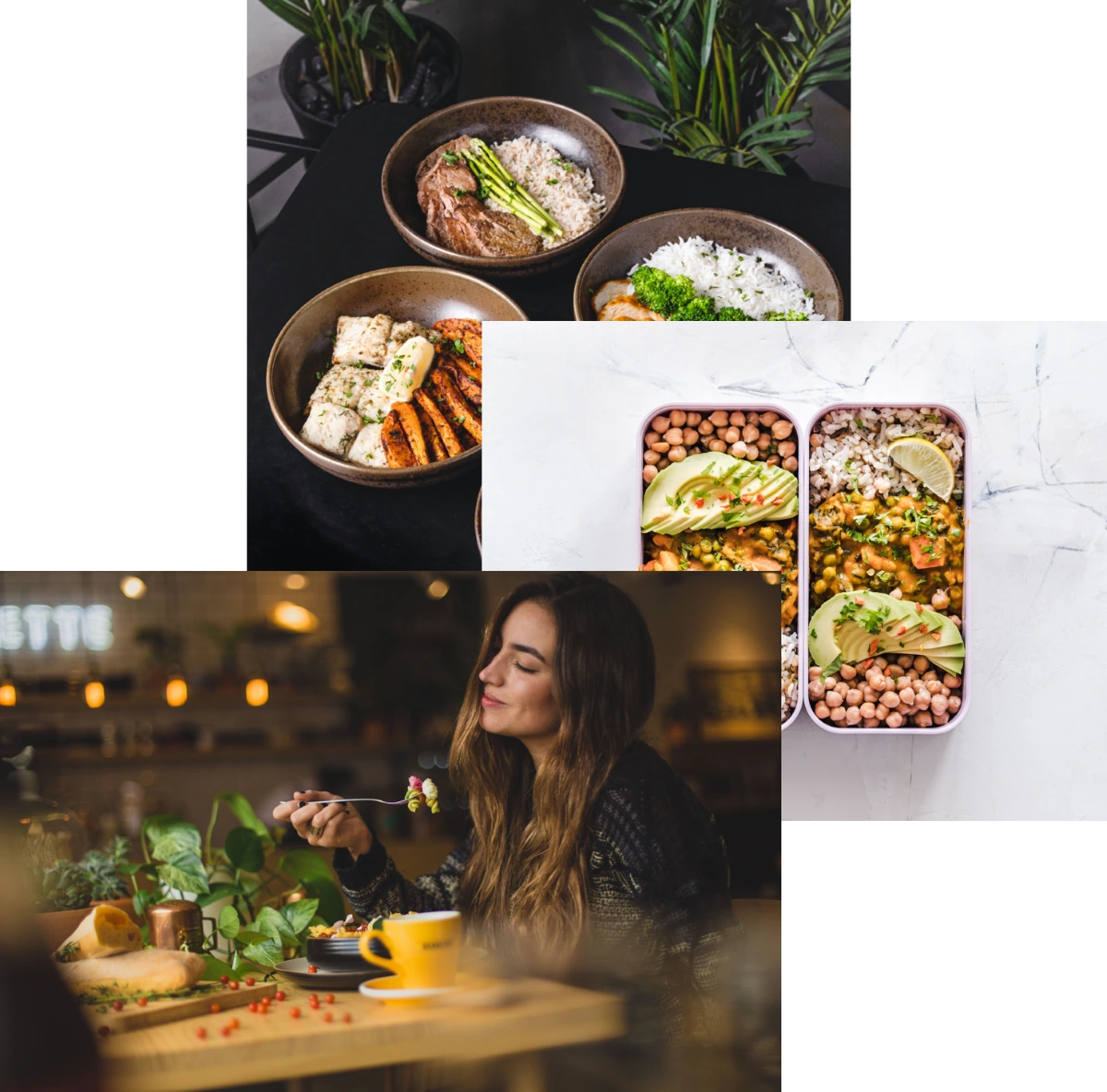 Women enjoying food, meals in storage container, and food bowls on a table.